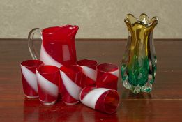 A VINTAGE CRANBERRY AND OPAQUE GLASS DRINKS SET