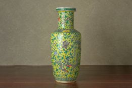 A YELLOW GROUND FAMILLE VERTE ROULEAU VASE