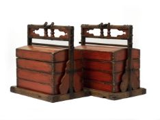 A PAIR OF CHINESE WOOD FOUR TIERED WEDDING BOX