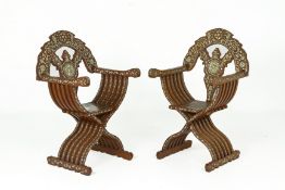 A PAIR OF FOLDING STOOLS WITH MOTHER OF PEARL INLAY