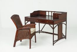 A RATTAN AND BAMBOO HARDWOOD DESK AND CHAIR
