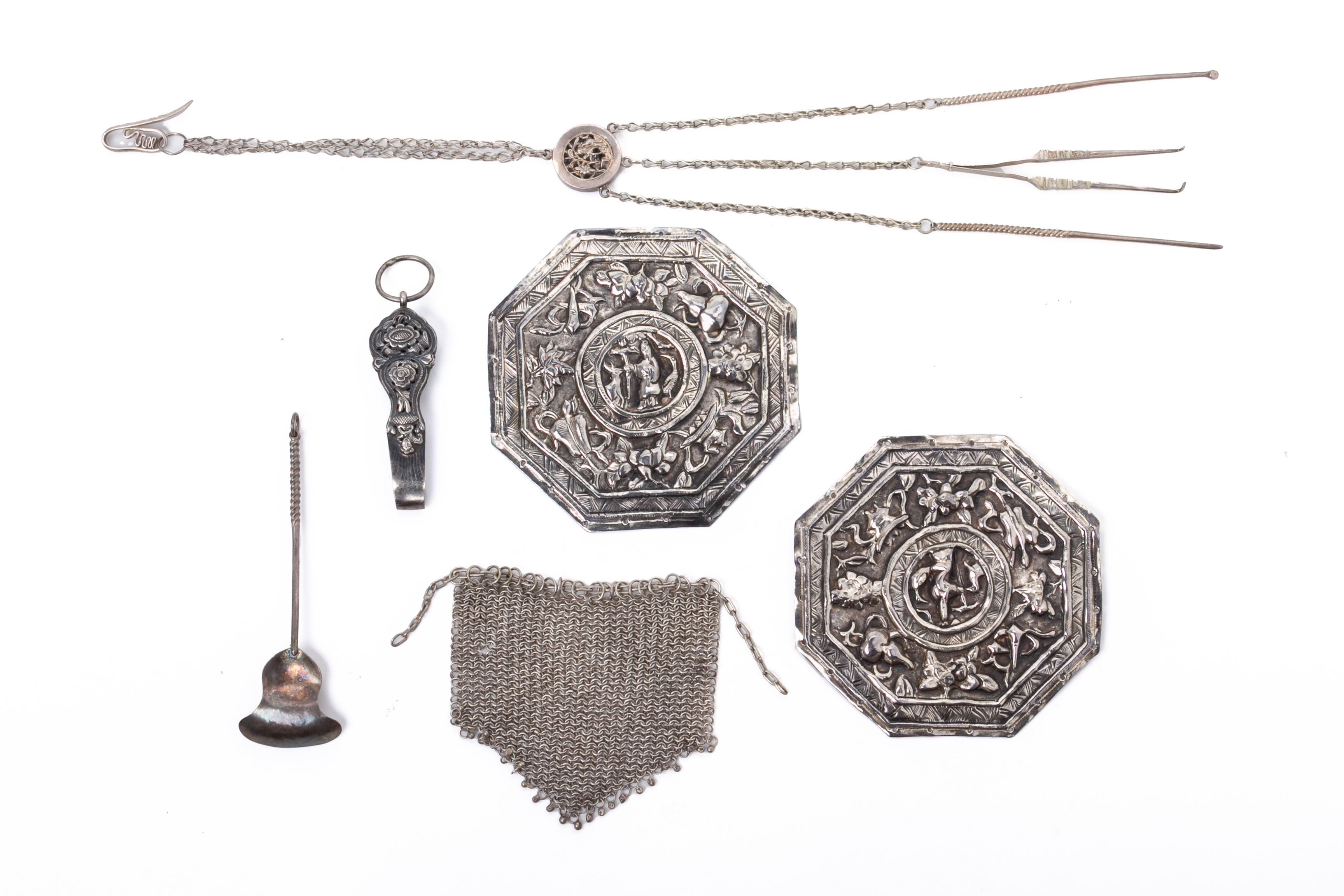 A PAIR OF OCTAGONAL BOLSTER ENDS AND OTHER SILVER ITEMS