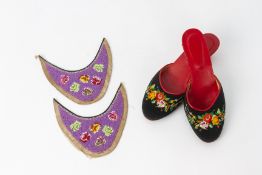 A PAIR OF BEADED SLIPPERS AND A PAIR OF BEADED PANELS