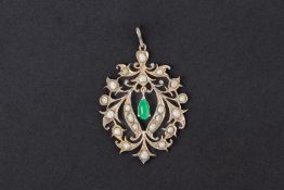 A SILVER, SEED PEARL AND JADE PENDANT