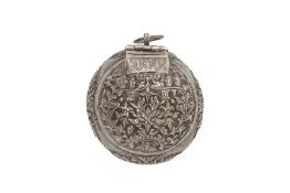 A REPOUSSE DECORATED SILVER TRAVELLING BETEL NUT BOX