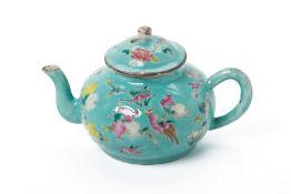 A TURQUOISE GROUND PORCELAIN TEAPOT