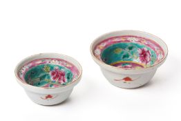 TWO TURQUOISE AND PINK GROUND PORCELAIN COSMETIC BASINS