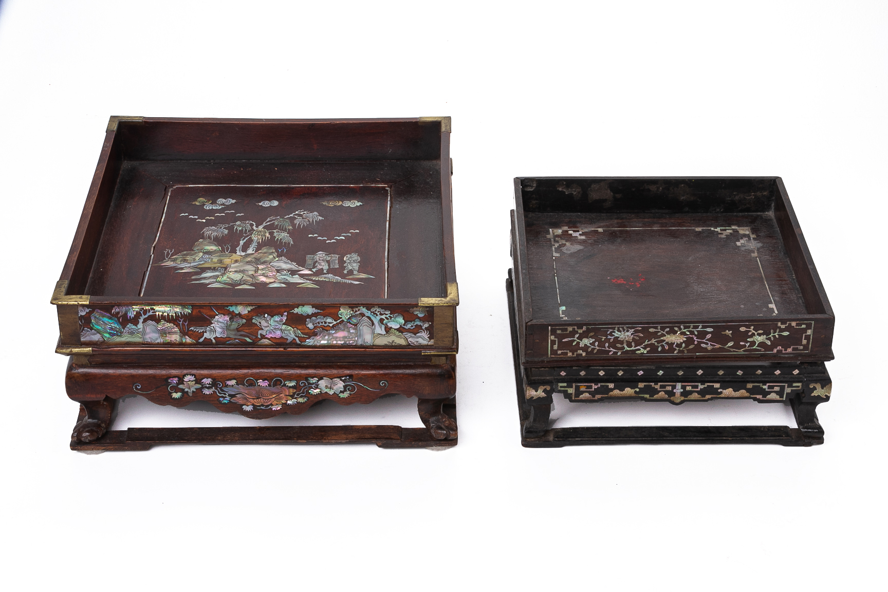 TWO MOTHER OF PEARL INLAID SQUARE TRAYS
