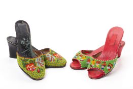 TWO PAIRS OF HEELED BEADED SLIPPERS