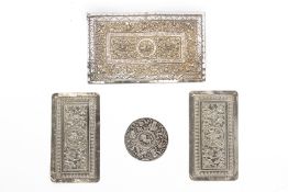 THREE RECTANGULAR SILVER PILLOW ENDS AND A CIRCULAR PANEL