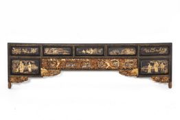 A LARGE BLACK LACQUERED AND GILT BED PANEL