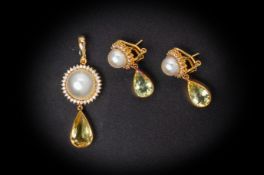 A CULTURED PEARL, QUARTZ AND DIAMOND PENDANT AND EARRINGS