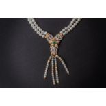 AN AKOYA CULTURED PEARL, DIAMOND AND EMERALD NECKLACE