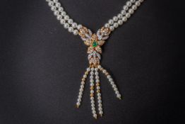 AN AKOYA CULTURED PEARL, DIAMOND AND EMERALD NECKLACE