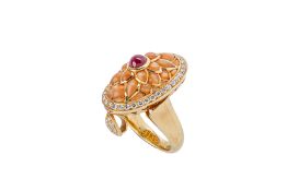 A RUBY, DIAMOND AND COLOURED STONE RING OR PENDANT