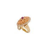 A RUBY, DIAMOND AND COLOURED STONE RING OR PENDANT