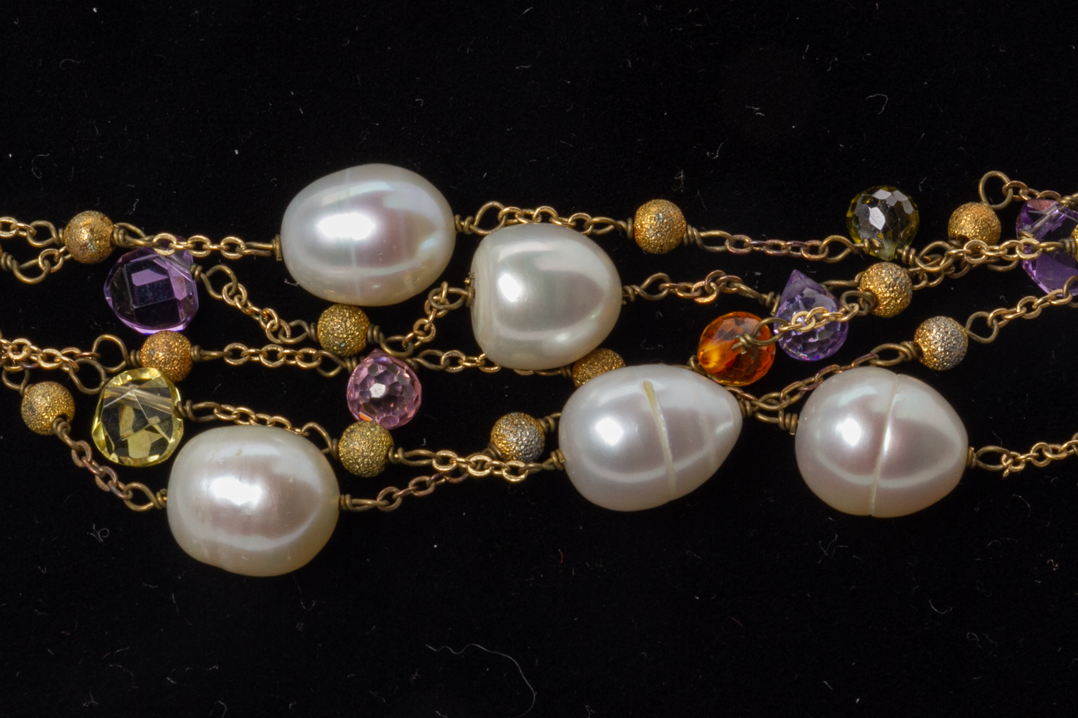 A VERY LONG CULTURED PEARL AND SEMI PRECIOUS STONE NECKLACE - Image 2 of 3