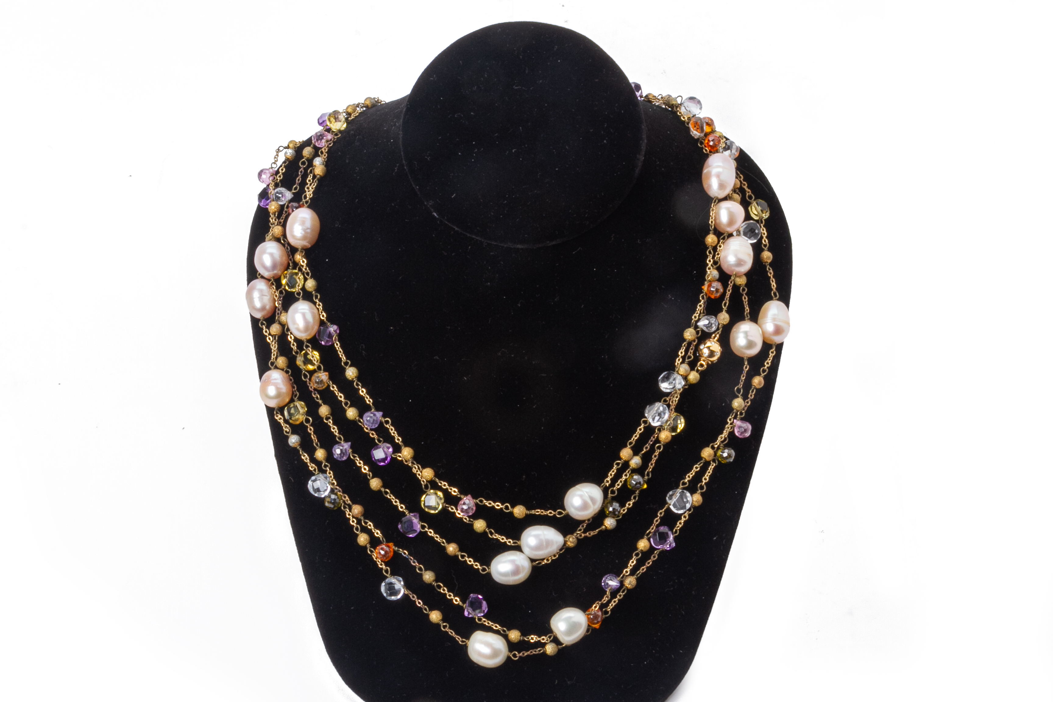 A VERY LONG CULTURED PEARL AND SEMI PRECIOUS STONE NECKLACE