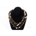 A VERY LONG CULTURED PEARL AND SEMI PRECIOUS STONE NECKLACE