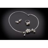 A CULTURED PEARL AND DIAMOND RING, NECKLACE AND EARRING SET