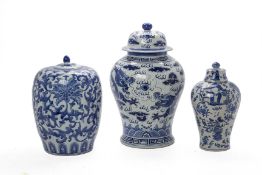 THREE MODERN DECORATIVE BLUE AND WHITE CHINESE VASES