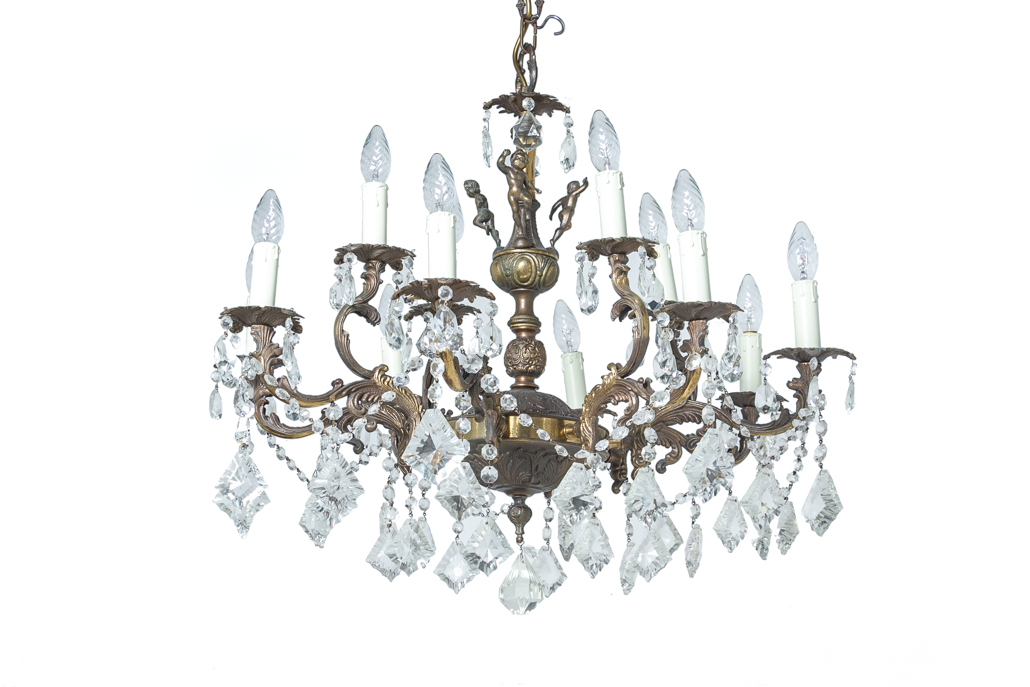 A GILT METAL AND CUT GLASS SIXTEEN LIGHT CHANDELIER