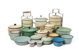 A LARGE GROUP OF KITCHEN ENAMEL WARE