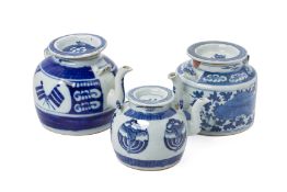 THREE BLUE AND WHITE PORCELAIN TEAPOTS