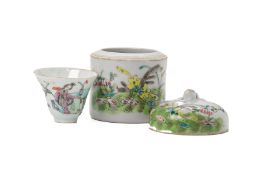A FAMILLE ROSE CYLINDRICAL PORCELAIN BOX AND TEA BOWL