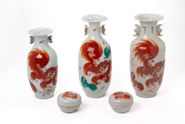 THREE CHINESE IRON RED PORCELAIN VASES