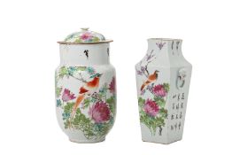 A FAMILLE ROSE PORCELAIN SQUARE SECTION VASE AND ONE OTHER