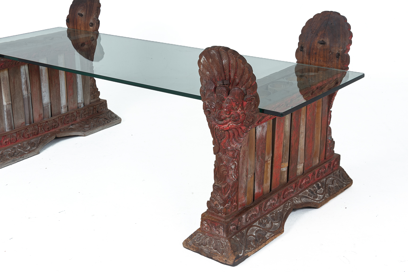 A GLASS AND CARVED WOOD COFFEE TABLE - Image 2 of 2