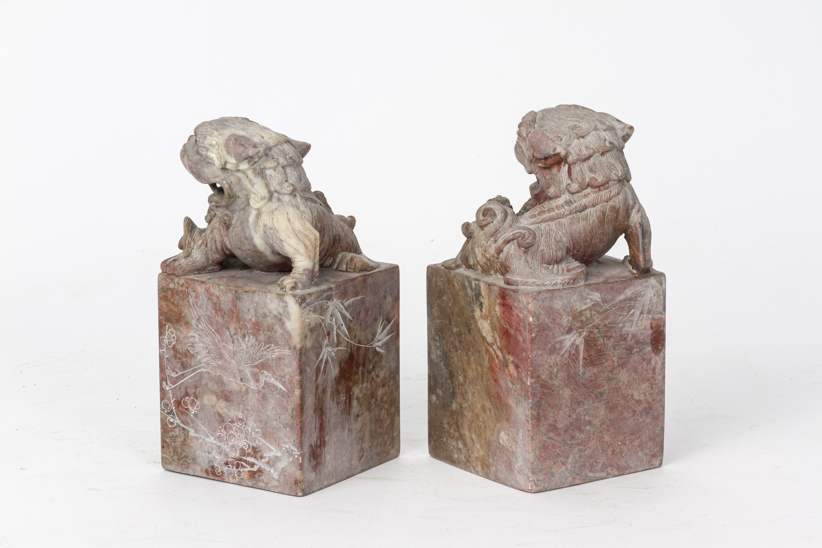 A PAIR OF CARVED SOAPSTONE BUDDHIST LIONS - Image 2 of 3