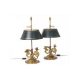 A PAIR OF EMPIRE STYLE BRASS BOUILLOTTE TABLE LAMPS