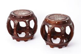 A PAIR OF MOTHER OF PEARL INLAID ROSEWOOD STOOLS