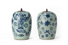 TWO SIMILAR CELADON GROUND BLUE AND WHITE JARS