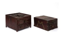 A METAL BOUND CHINESE WOODEN VANITY BOX AND ONE OTHER