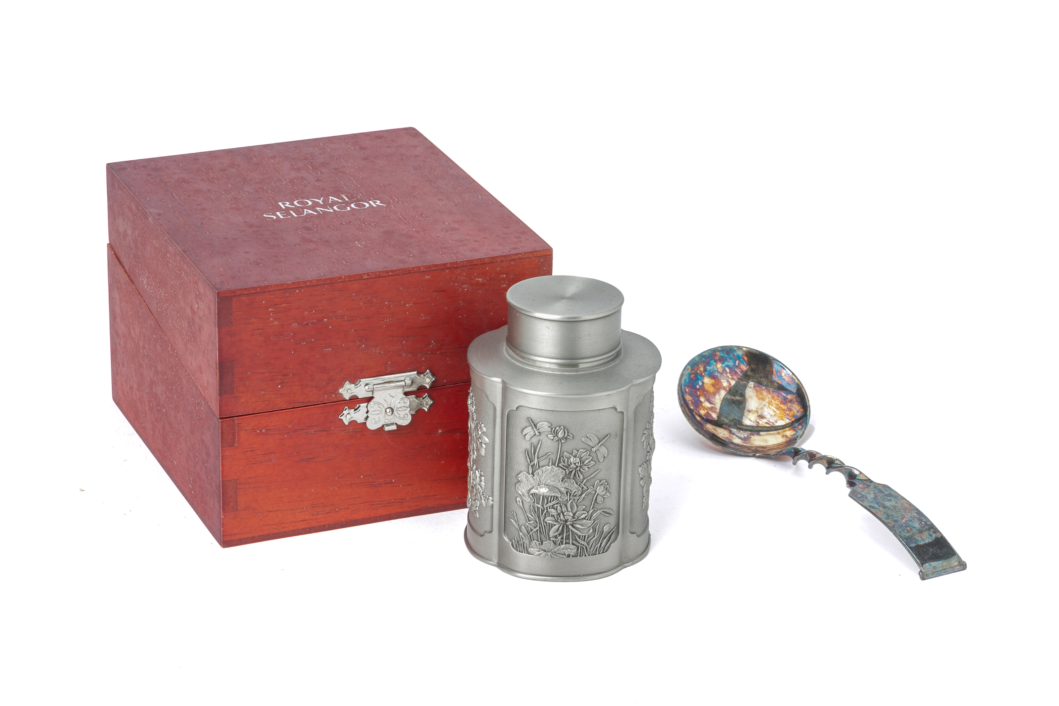 A NORWEGIAN SILVER SPOON AND A ROYAL SELANGOR TEA CADDY