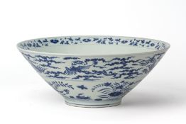 A LARGE MODERN BLUE AND WHITE PORCELAIN CONICAL BOWL