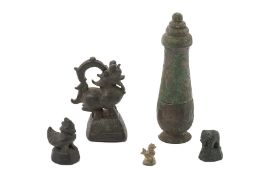 A GROUP OF SOUTHEAST ASIAN OPIUM WEIGHTS AND A LIMEPOT