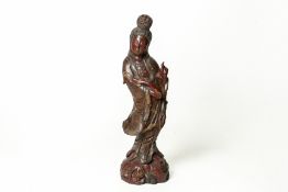 A LARGE CARVED WOOD FIGURE OF GUANYIN