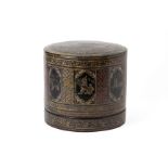 A LARGE BURMESE BLACK LACQUER CYLINDRICAL BETEL BOX