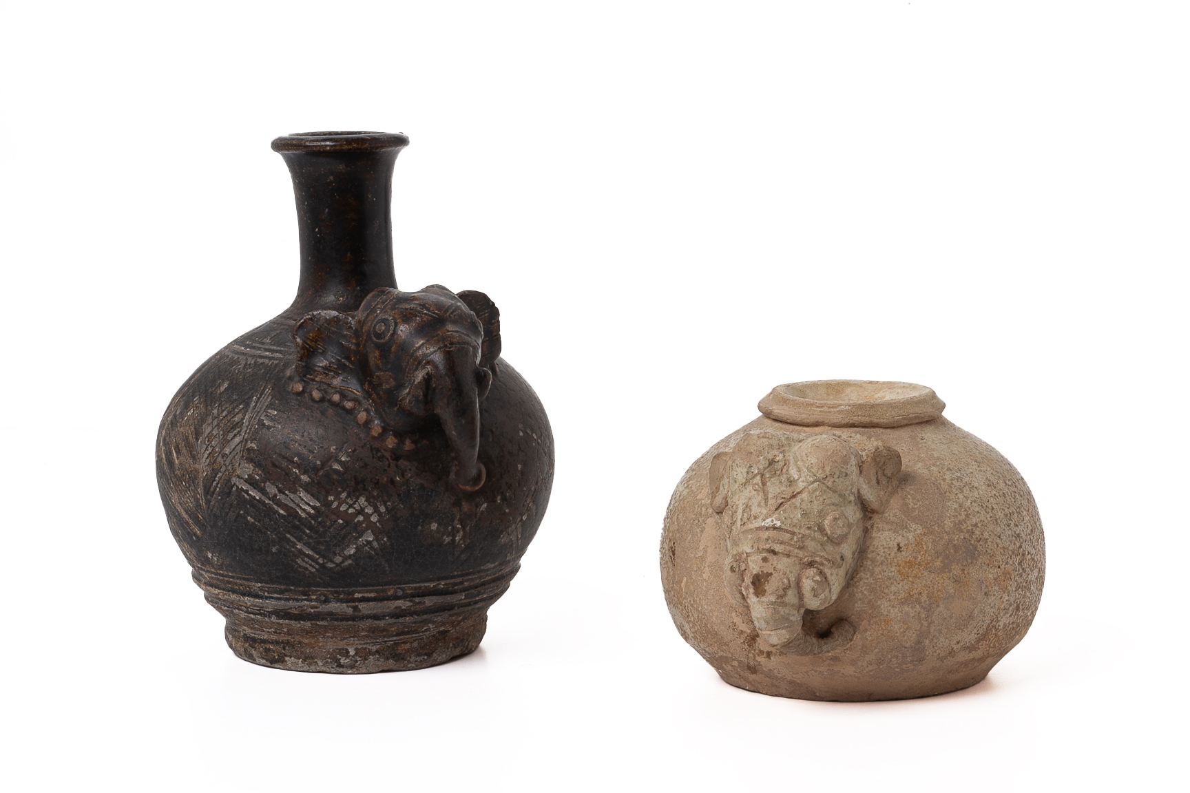 TWO KHMER STYLE ELEPHANT FORM POTTERY VESSELS