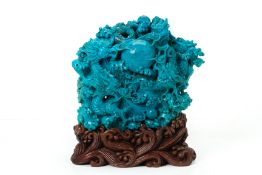 AN IMPRESSIVE CHINESE TURQUOISE CARVING OF DRAGONS