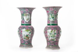 A PAIR OF PINK GROUND PORCELAIN YENYEN VASES