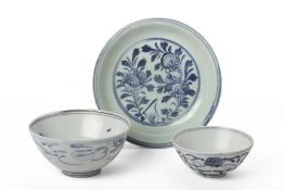 TWO BLUE AND WHITE BOWLS AND A DISH