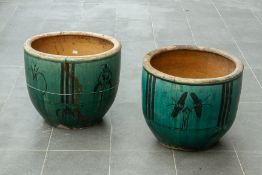 TWO SIMILAR GREEN GLAZED CERAMIC PLANTERS