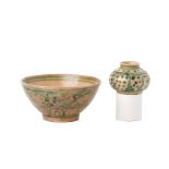 TWO CHINESE GREEN DECORATED POTTERY ITEMS