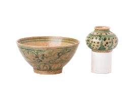 TWO CHINESE GREEN DECORATED POTTERY ITEMS
