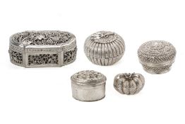 A GROUP OF FIVE SOUTHEAST ASIAN SILVER BOXES